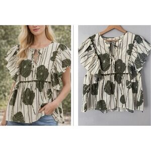 NWT Entro Botanical Print Ruffle Sleeve Babydoll Blouse Cottagecore Peplum Top L